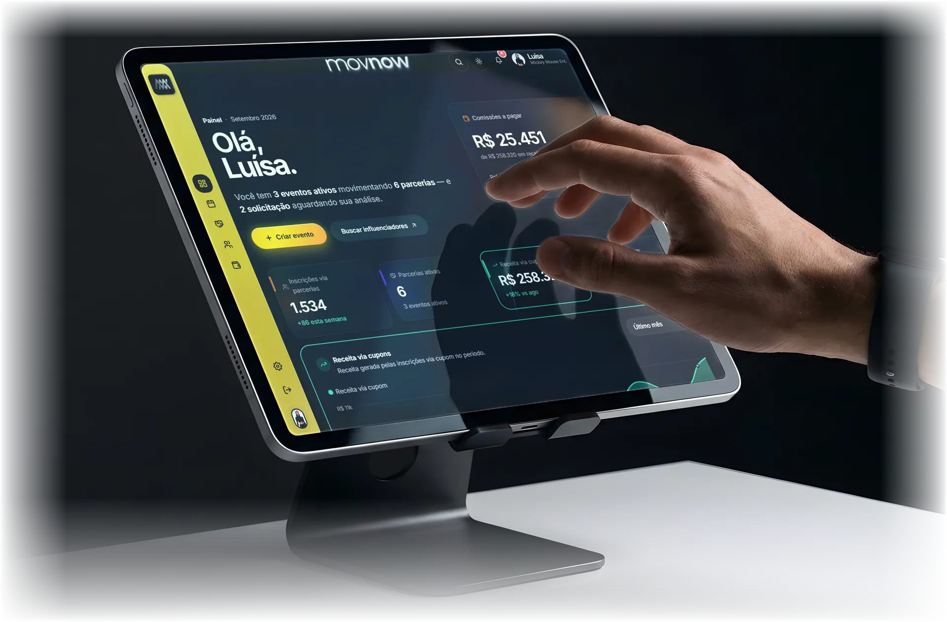 Painel Movnow aberto em um tablet
